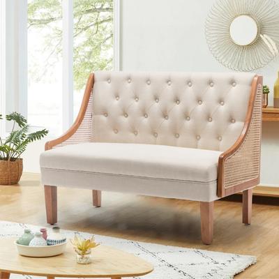 Andeworld Loveseat Settee Bench with Natural Rattan Arms, Upholstered Modern Mini Sofa Couch,Banquette Dining Bench Love Seat