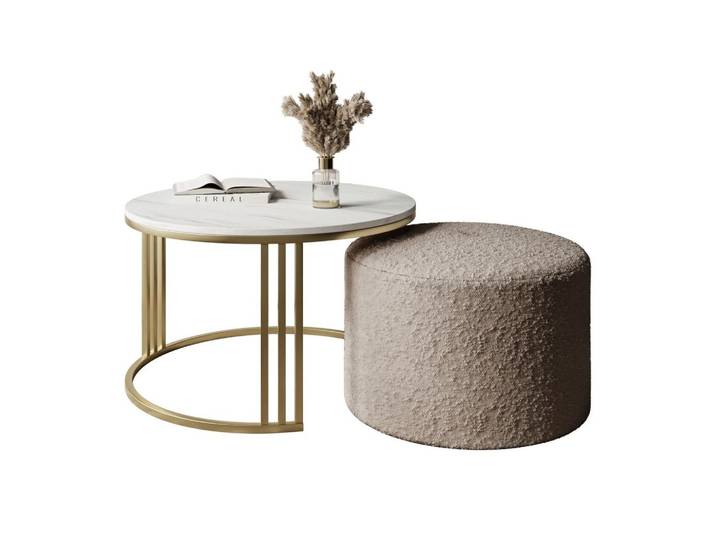 COUCHTISCH mit Hocker LORI MAT gebürstetes Gold/Marmor Levanto/Coral 50