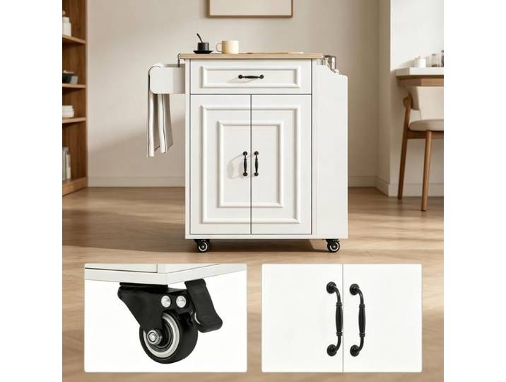 Îlot de cuisine roulant avec plan de travail rabattable tiroir placard à étagère barre à torchons porte-épices desserte.
