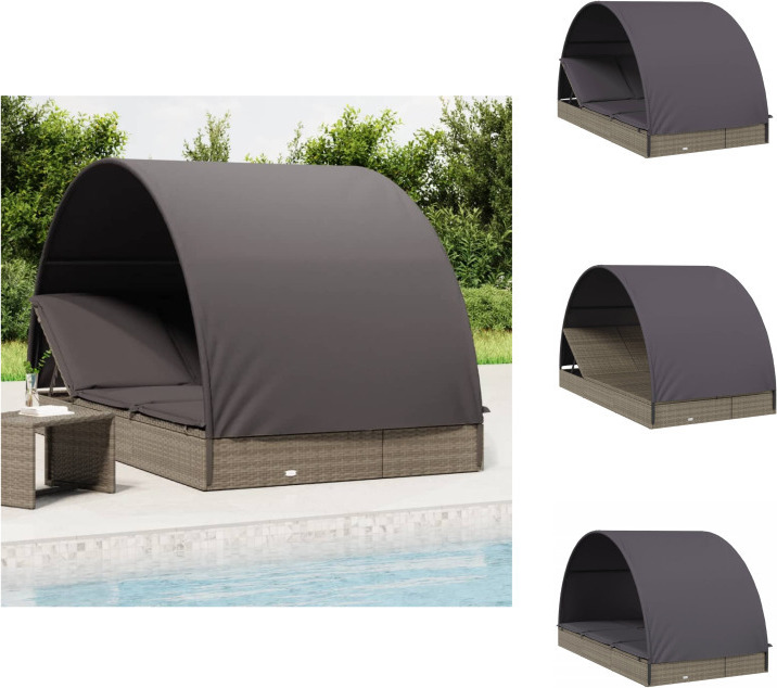 vidaXL 2-Personen-Sonnenliege mit Dach Grau 211x112x140 Poly Rattan - Sonnenliegen
