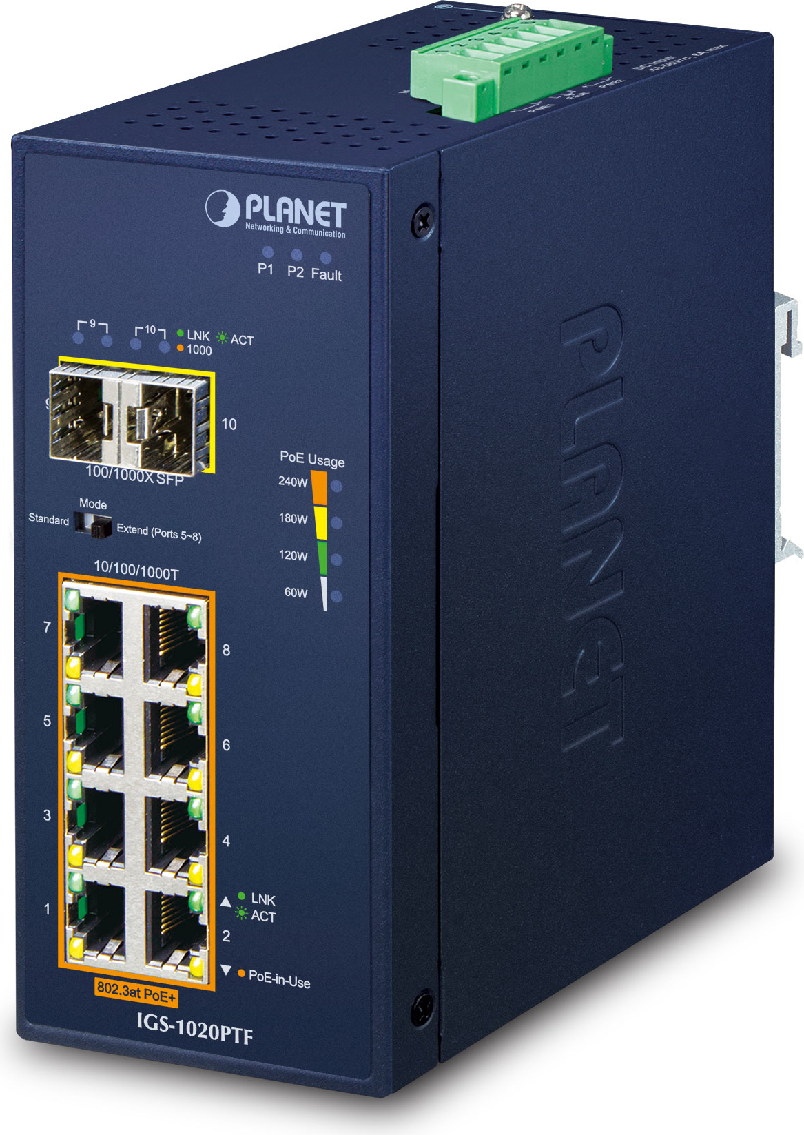 PLANET IP30 Ind 8-P 10/100/1000T, Unmanaged, Gigabit Ethernet (10/100/1000), Vollduplex, Power over Ethernet (PoE), Wandmontage