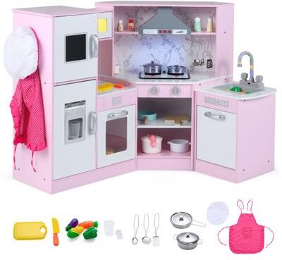Costway Kids Corner Pretend Kitchen Playset with Separated Washing Basin-Pink