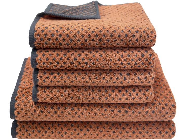 Handtuch Set DYCKHOFF Golden Shades Rhombus , braun (kupferfarben), 6 Stk., Walkfrottier, Walkfrottier, Obermaterial: 100% Baumwolle, Handtuch-Sets, Handtuch Set, Kuschelig weich; 4 Handtücher (50x100cm), 2 Duschtücher (70x140cm)