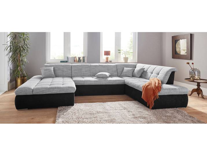 Wohnlandschaft DOMO COLLECTION PB MORIC wahlweise mit Bettfunktion und Armteilverstellung U-Form , silber (schwarz, silber), B:353cm H:80cm T:95cm, Zierkissen: Struktur (90% Polyester, 10% Polyacryl);Microfaser PRIMABELLE (100% Polyester) / Struktur (90% Polyester, 10% Polyacryl);Kunstleder SOFTLUX / Struktur (90% Polyester, 10% Polyacryl), Sofas, Wohnlandschaft, XXL-Format B/T/H: 353/216/80 cm, feine Steppung, incl. Zierkissen