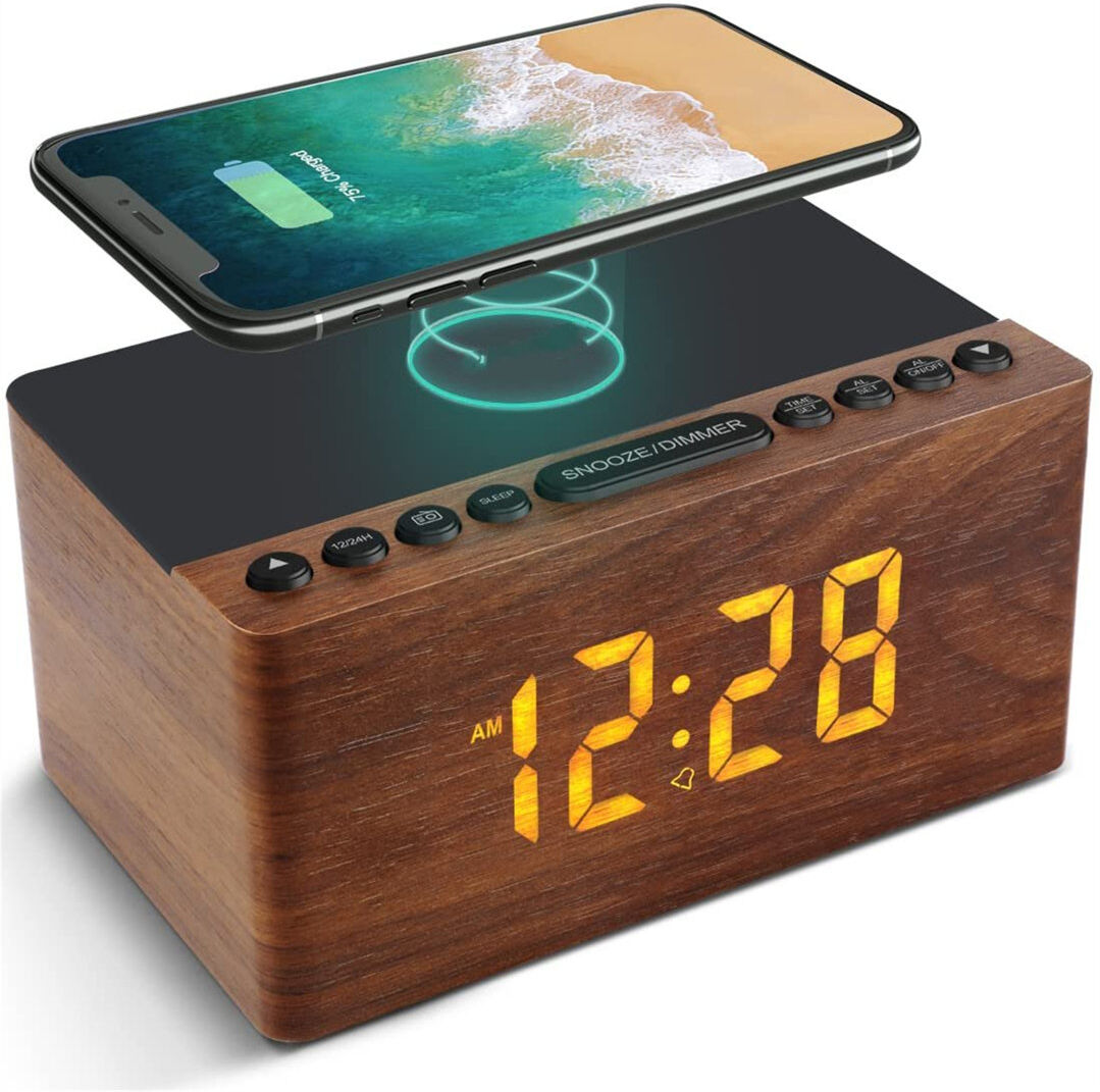 Brayden Studio Digital Electric Alarm Tabletop Clock Black/Brown 7.5cm H X 16cm W X 10cm D