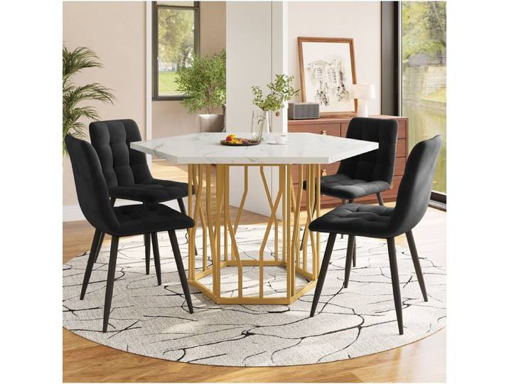 WUVRIE Ensemble table et chaises 5 pièces table hexagonale effet marbre pieds métalliques dorés