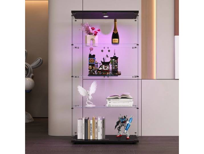 Vitrine en Verre Led Vitrine de collection avec serrure 2 portes 4 étages Vitrine en verre pour collection Noir