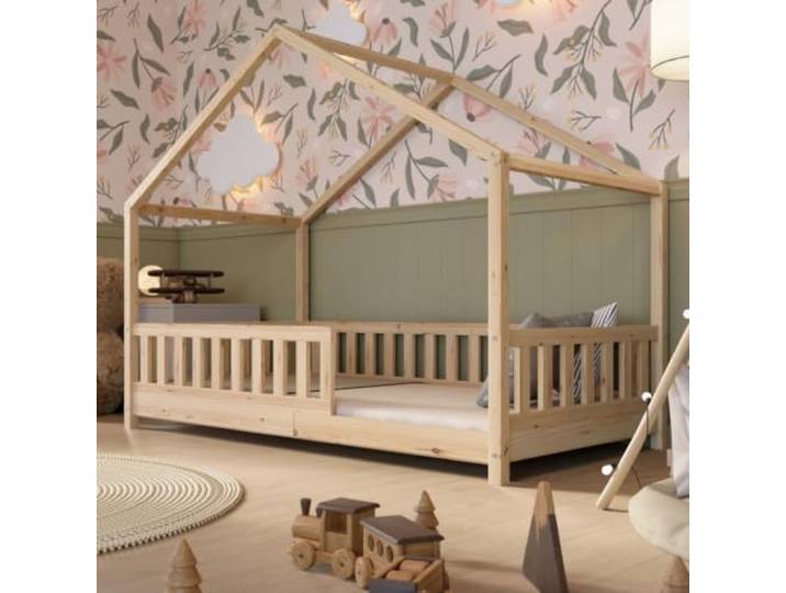 Crazy Pine Hausbett 100x200 cm – Kinderbett aus Naturholz mit Rausfallschutz – Montessori Bodenbett mit Höhenverstellbaren Beinen und Abnehmbarer Barriere - Crazy House