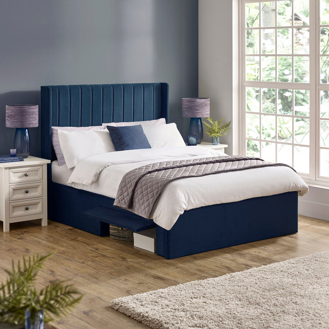17 Stories Upholstered Velvet Footboard Storage Ottoman Blue Kingsize (5')