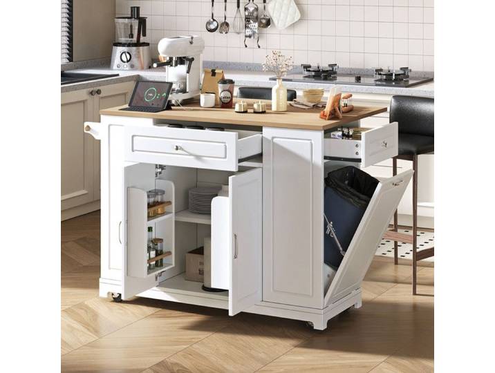 ilot central cuisine à roulettes avec iroirs et compartiment poubelle Table de cuisine mobile pourcoin repas extensible Blanc