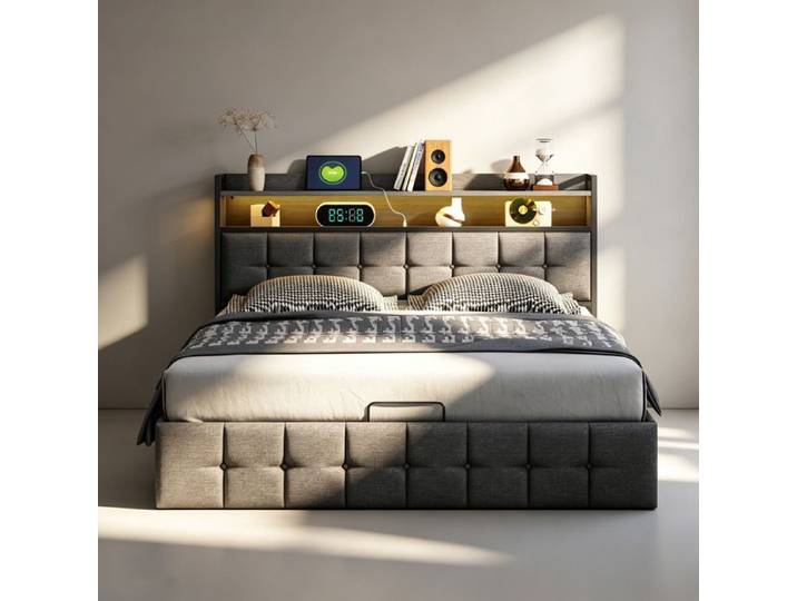 Lit 160x200 avec sommier lit coffre 160x200 160x200 lit avec LED et USB tissu en lin gris