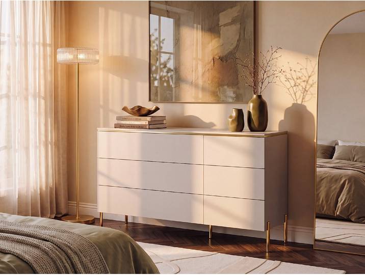 Kommode mit 6 Schubladen - Beige & Goldfarben - VUKIA