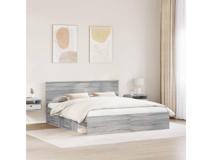 SKTQYQO Bettgestell grau Sonoma 180 x 200 cm Technisches Holz, Kopfteil inklusive, Basis mit festen Latten, Kapazität 200 kg
