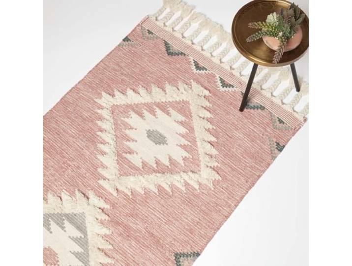 HOMESCAPES Pali Kelim Teppich mit Fransen rosa-grau 90x150 cm, handgewebter Teppich, Fransen-Teppich Wolle