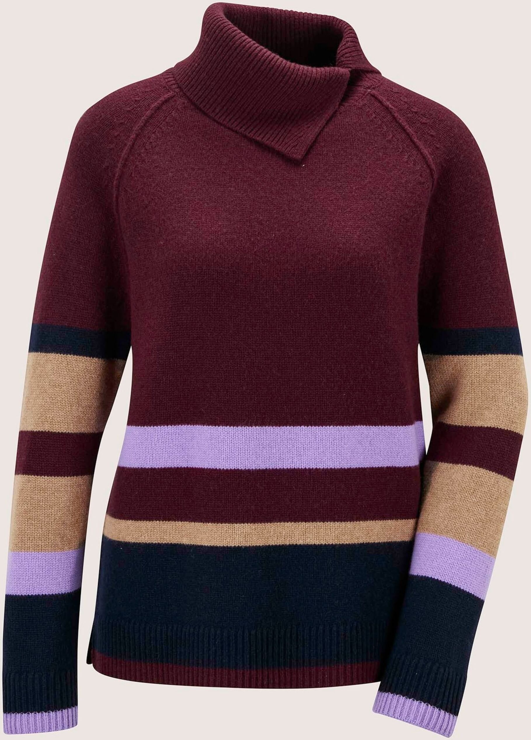 Longpullover MADELEINE "Pullover Asymmetrischer Rollkragenpullover", Damen, Gr. 34, rot (portwein, multicolor), Modern, regular fit, Pullover Longpullover
