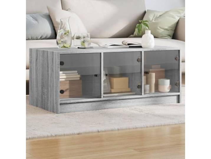 HEFZGDB Couchtisch mit Glastüren Grau Sonoma 102x50x42 cm Moderner Beistelltisch mit Stauraum für Wohnzimmer
