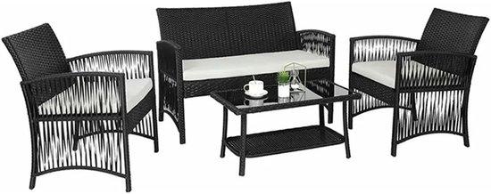 Famanu Loungeset für 4 Personen - Rattan - UV-beständig - 5 cm dicke Kissen - Glasplatte