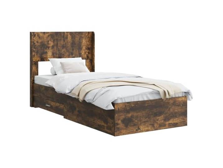 PUGYNBK Bettgestell mit Stauraum Eiche rauchfarben Fester Lattenrost, langlebiges Holz, Kopfteil, minimalistisches Design