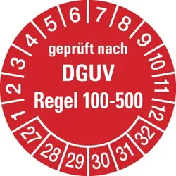 König Werbeanlagen Prüfplakette ab 27, DGUV Regel 100-500, rot/weiß, Folie, Ø 30 mm - Bogen = 10 Plaketten - 30 mm Folie selbstklebend