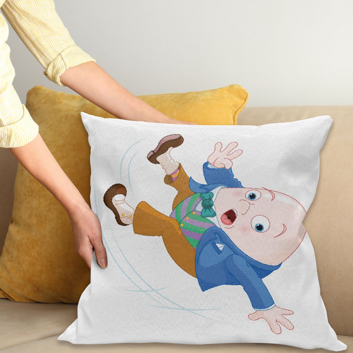 ABAKUHAUS Alice in Wonderland Sierkussenhoes Humpty Dumpty Cartoon Stijl, Blauw Bruin, 45 x 45 cm