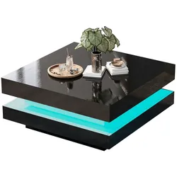 Couchtisch quadratisch 70x70x36 in Schwarz mit LED-Beleuchtung und Bluetooth-App-Steuerung, 45 kg Tragfähigkeit