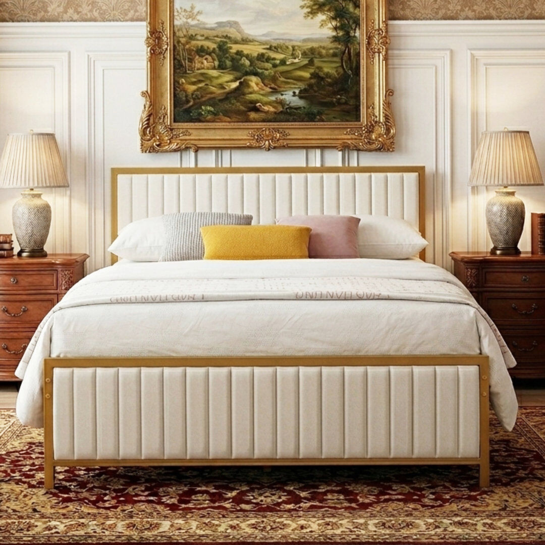 Fairmont Park Metal Platform Bed Frame With Upholstered Headboard And Footboard, Heavy Duty Steel Slats Platform Bed, No Box Spring Needed Beige Double (4'6)