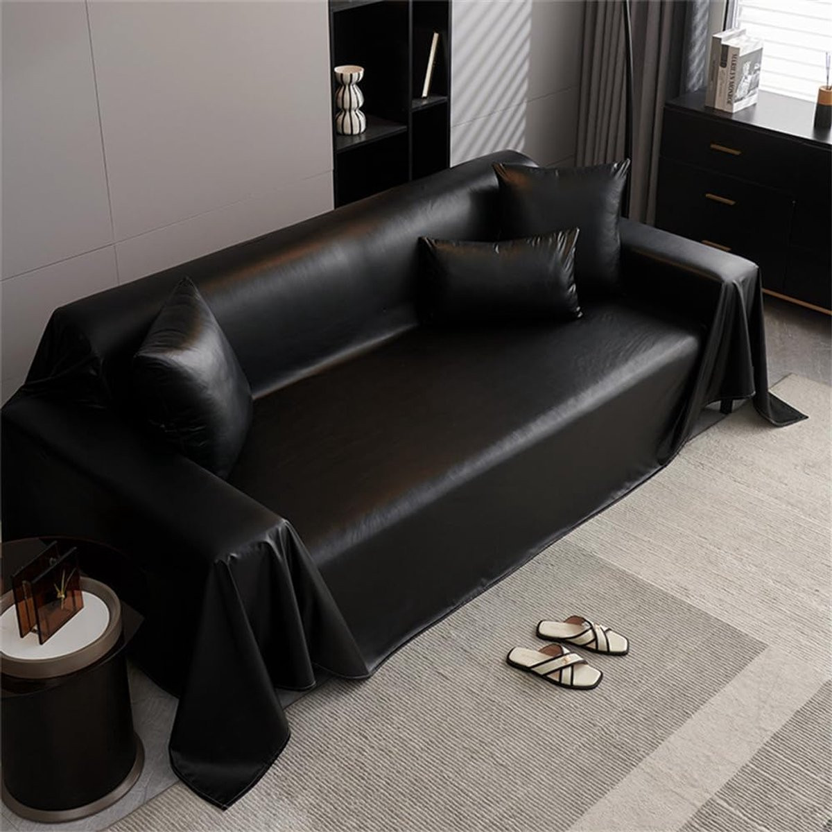 Zwarte PU-lederen sierdeken voor bank, stoel of bed, 180 x 230 cm