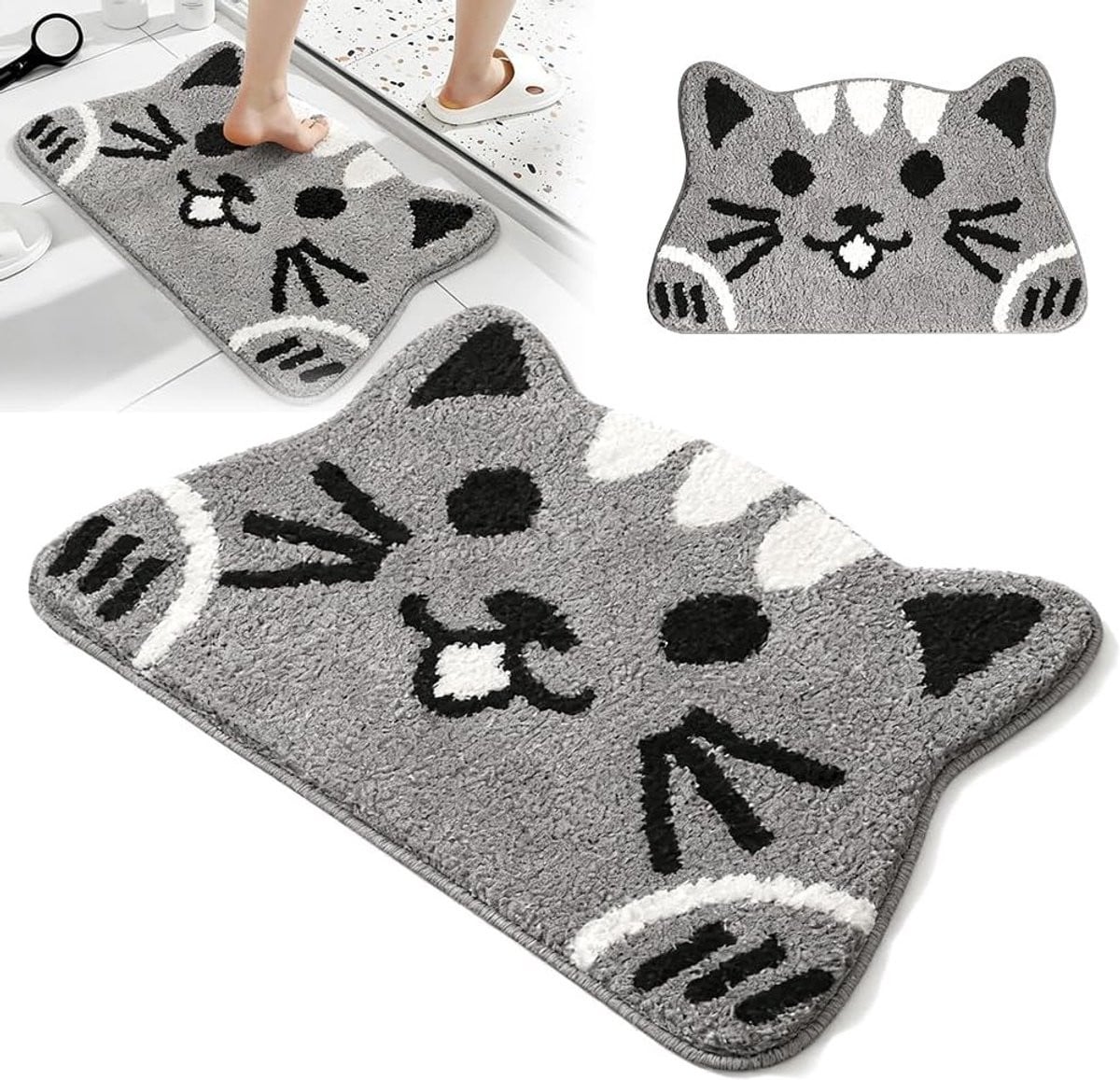 Wasbare antislip deurmat en badmat met grijze katten decoratie, 40 x 70 cm