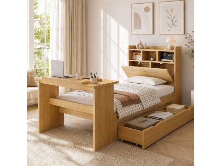 ELVORIN Lit combiné enfant ado 90 x 200 cm rangement tête de lit étagère tiroir coulissant réversible table rabattable