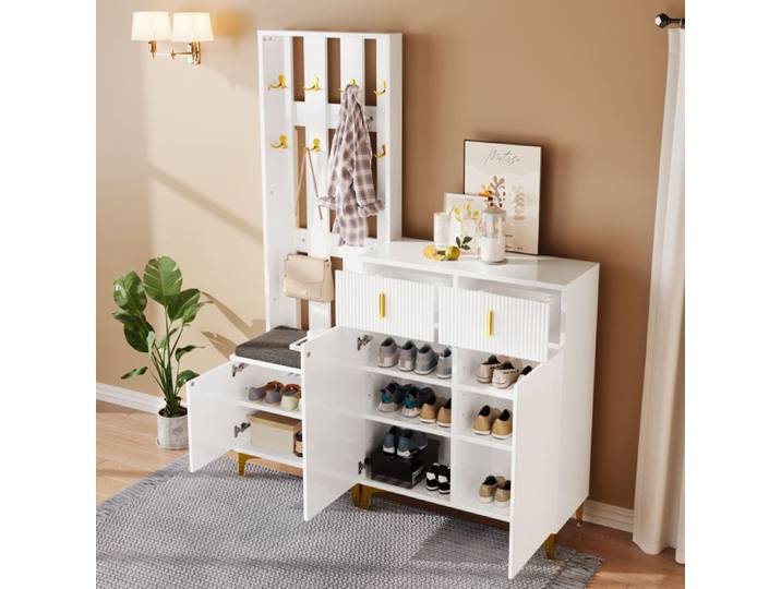 MODENUIT Meuble d'entree avec portes et tiroirs crochets banc coussin panneau de particules blanc