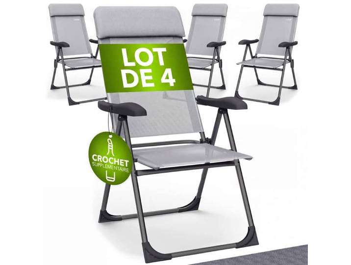 4x chaises de jardin pliantes Gris en aluminium avec accoudoirs dossier réglable en 7 positions plage piscine camping voyage