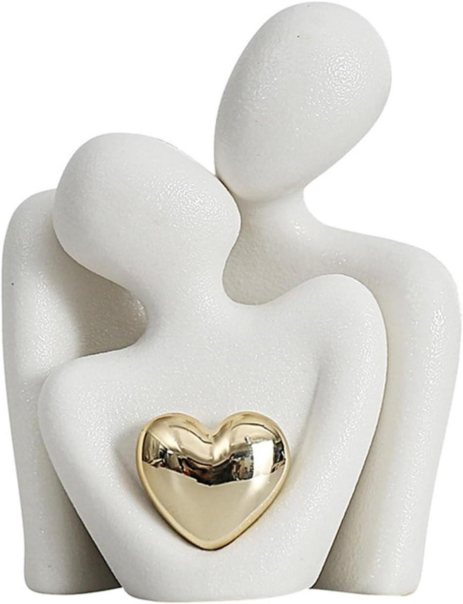 Liefdesbeeldje Paar - Keramiek Sculptuur - Romantische Decoratie - Wit met Goud