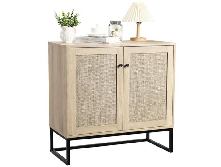 GarveeMore Rattan Sideboard Kommode Mit 2 Rattantüren, Küchenschrank Buffet Mit Verstellbare Einlegeböden, Beistellschrank Aus Holz, Aufbewahrungsschrank Für Küche, Wohnzimmer, 80x38x78cm