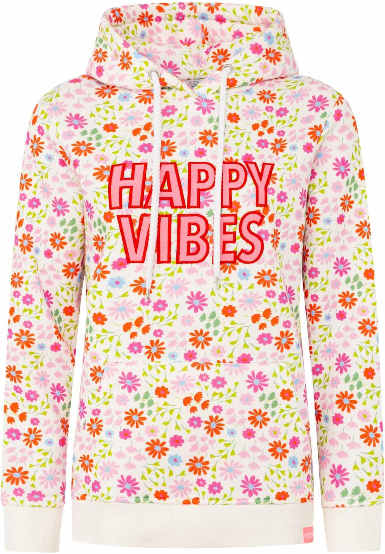 Hoodie ZWILLINGSHERZ "AOP Flower Happy Vibes", Damen, Gr. L, colorful flower, Sweatware, Obermaterial: 50% Baumwolle, 50% Polyester, Sweatshirts Hoodie, All-Over-Print, gestickter Schriftzug, Kapuze, elastische Bündchen colorful flower L