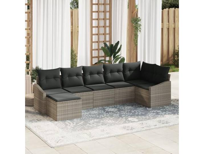 HEFZGDB 7-teiliges Garten Esszimmer Set mit Kissen aus Hellgrauem Poly Rattan, Modulares Outdoor Möbel Set für Balkon und Terrasse, Wetterfest mit UV-Schutz und Abnehmbaren Bezügen