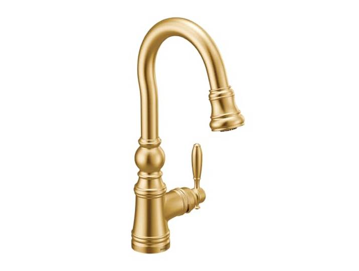 Moen S53004BG Weymouth Traditionelle Küchenarmatur mit Einhebelmischer mit Power Clean, Gebürstetes Gold
