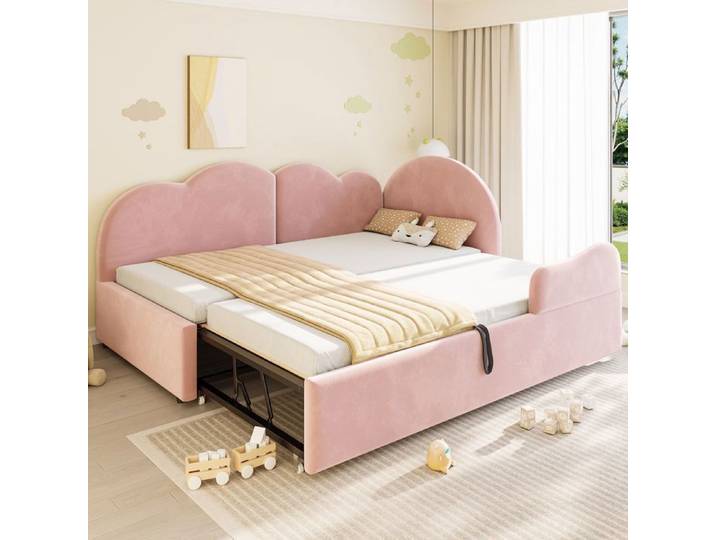 Lit gigogne double 90/180x200 cm Lit enfant Lit simple rembourré en velours avec lit gigogne 90x190 cm rose