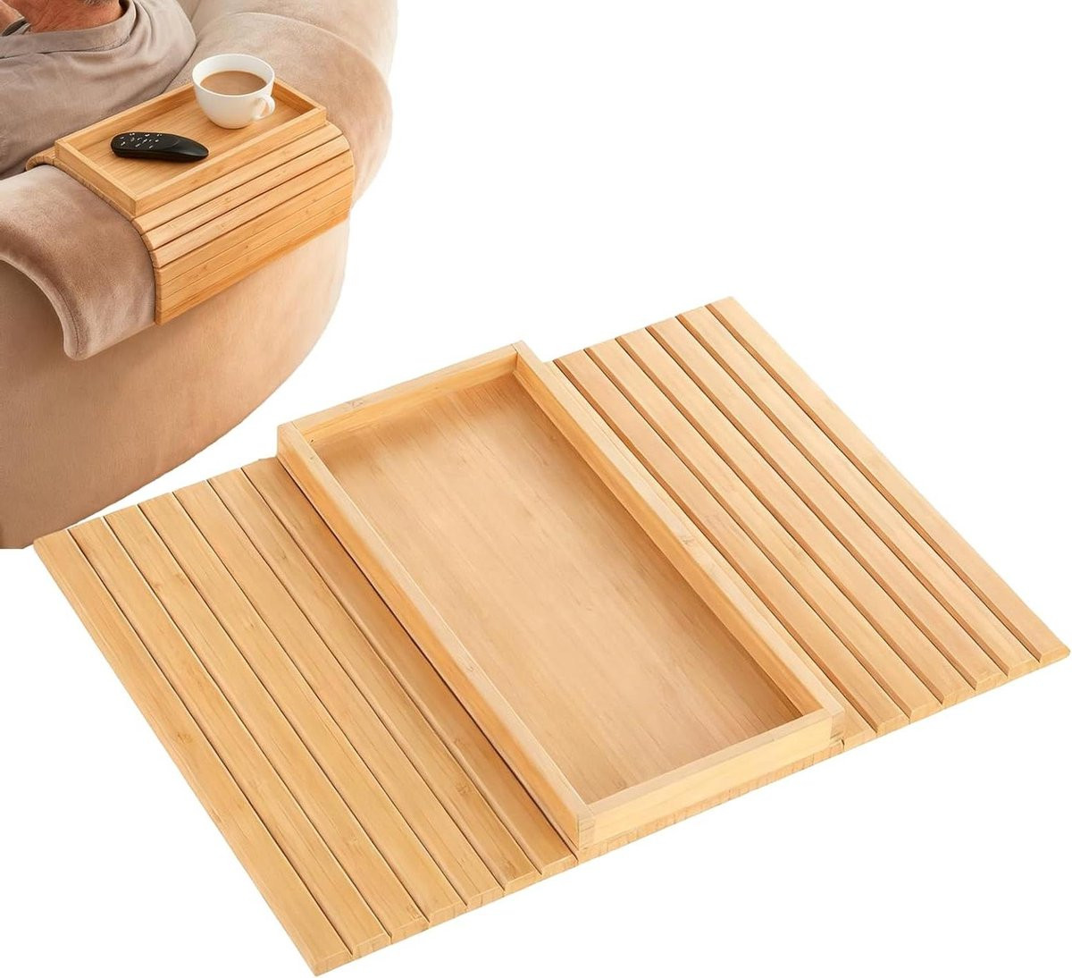 Bank Armleuning Dienblad Sofa Organizer van Natuurlijk Hout in Houtkleur