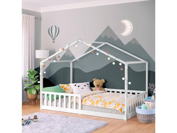 Bellabino Bia Kinderbett 120x200 cm, Bodenbett, Weiß, mit Rausfallschutz Montessori Hausbett aus Massivholz Kiefer, mit Lattenrost, für Jungen & Mädchen, Holzbett, Kinderzimmermöbel, Bettgestell