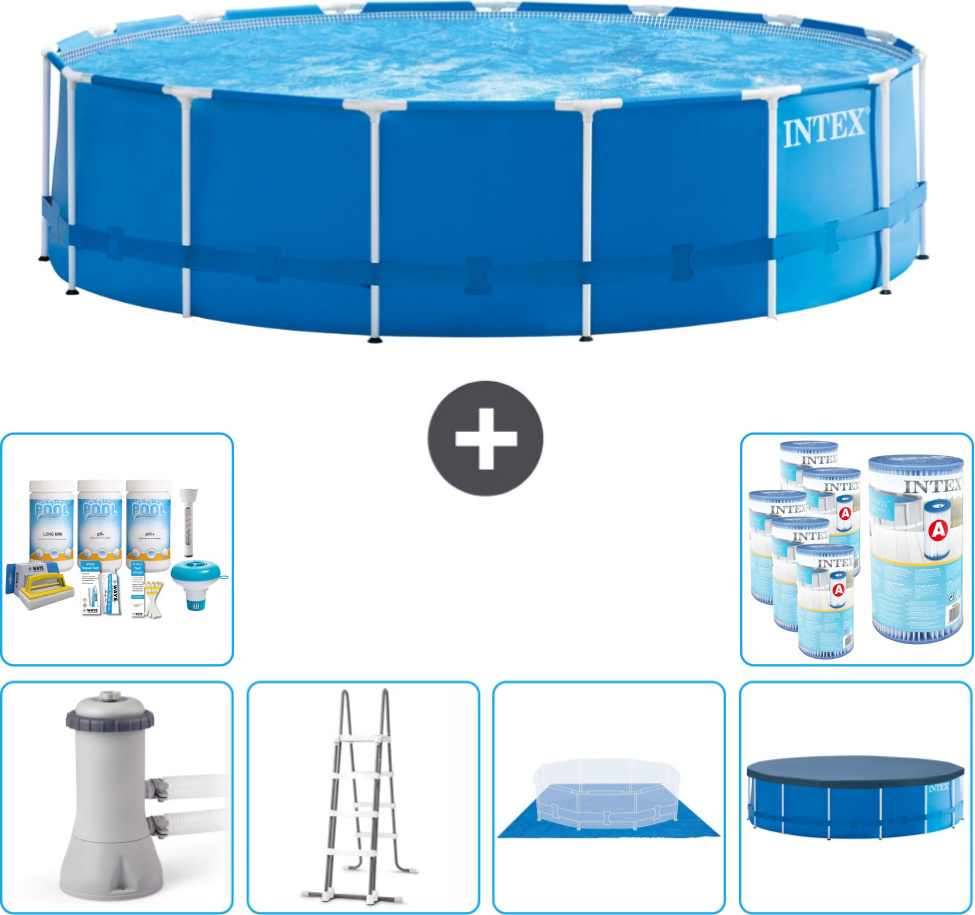 Intex Rundrahmen-Schwimmbecken - 457 x 122 cm - Blau - inklusive Pumpe - Leiter - Bodenplane - Abdeckung Wartungspaket - Filter