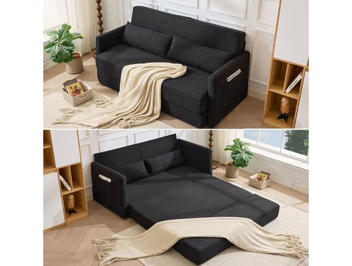 Grand Canapé Compressé 2 Pl en Velours Côtelé Noir Sans Montage - Canapé-lit avec Coussins et Poches - Matelas Pliant et Modulaire