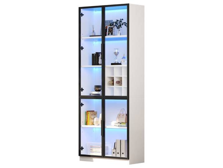 Vitrine en verre avec porte vitrées et éclairage LED armoire haute bibliothèque étagère en verre et casier à bouteilles 80x35x200cm