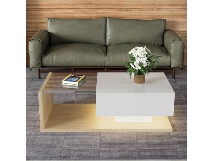 Piaenon - Table basse brillant 105x55x32 5cm avec LED rangement salon moderne - blanc/bois
