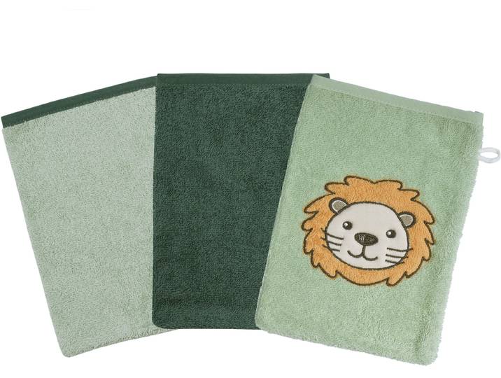 Waschhandschuh WÖRNER Löwe , grün (helloliv), B:15cm L:21cm, Frottee, Handtücher, Waschhandschuh, 3er-Set, mit Stickerei