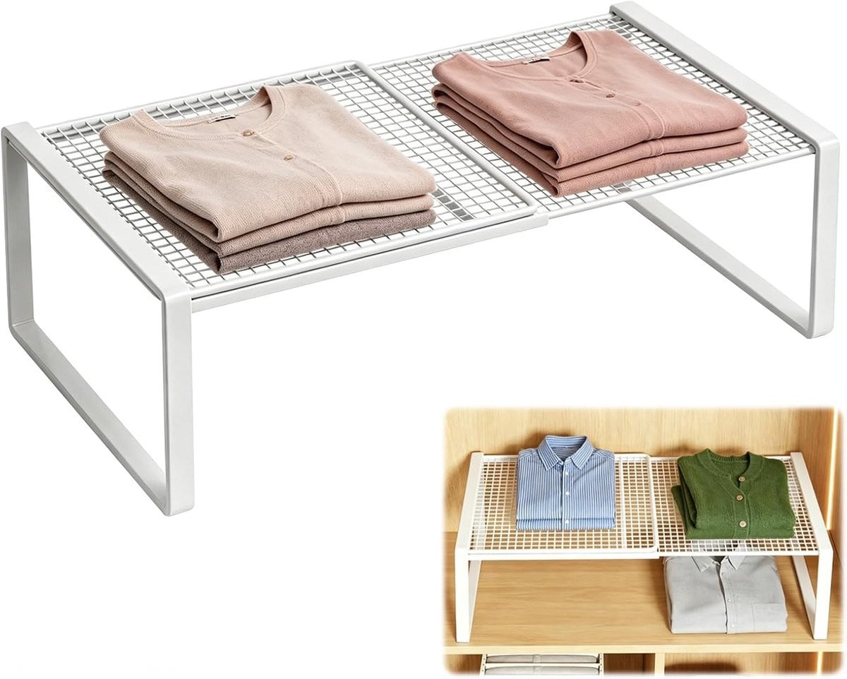 Wit Uitbreidbaar Kastrek met Verstelbare Plank voor Ruimtebesparing, Breedte: 38-62 cm