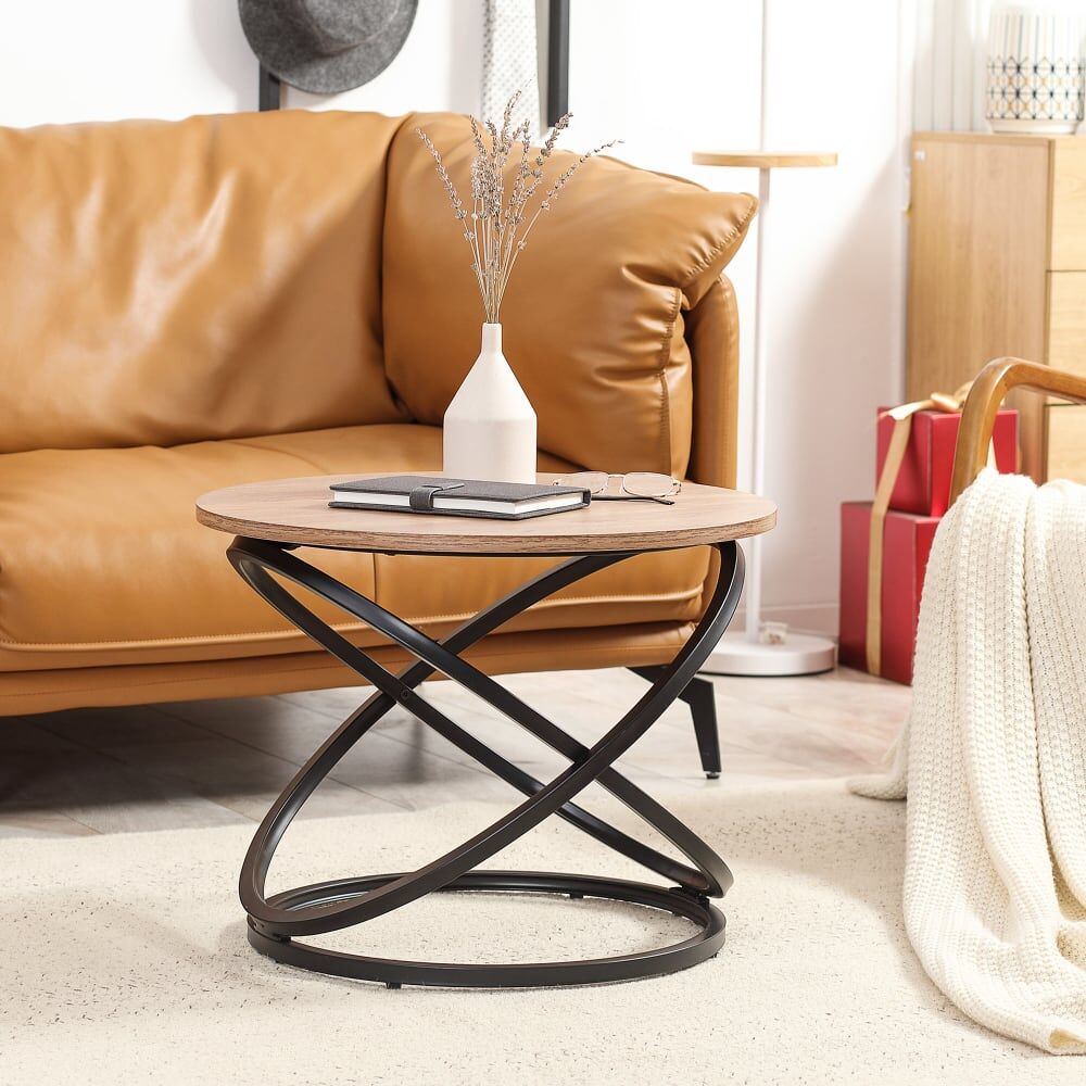 Homcom Table basse ronde design néo-rétro acier anneaux noir effet bois clair Beige 60x46x60cm