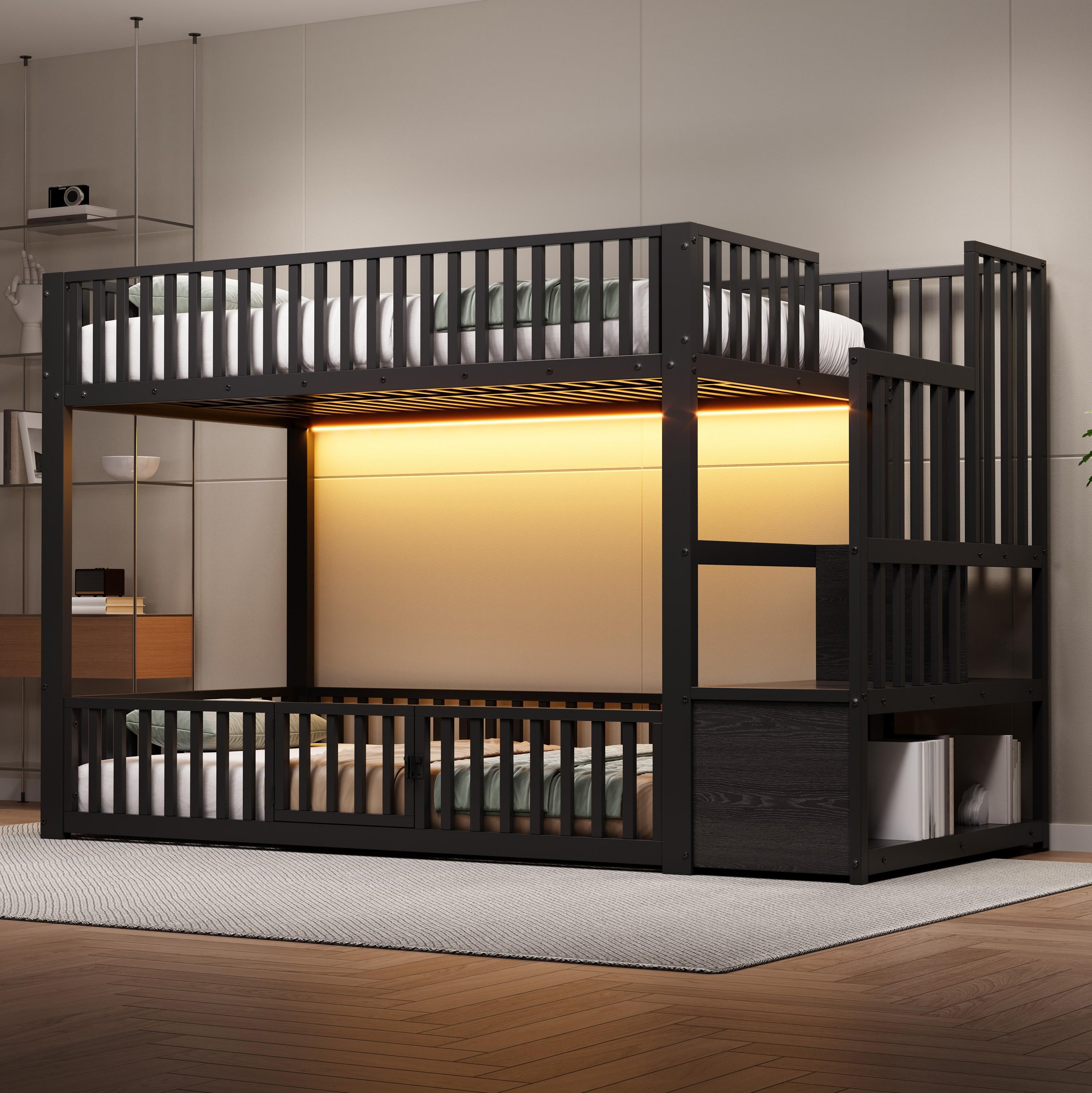 MODFU Doppelbett 90x200 Stockbett mit Sicherheitsgeländer Jugendbett mit Stauraumleiter und LED Beleuchtung mit Matratze Schwarz