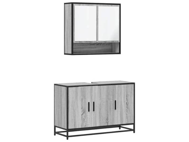 2-teiliges Badezimmermöbel-Set, Wandmontage, Grau, Sonoma, Holz und Metall Schrank und Spülbeckenschrank, Industrie-Metallrahmen, Wandaufbewahrung, Kleinteile