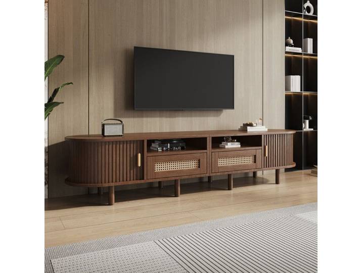 Meuble TV ovale Meuble TV de salon avec 2 tiroirs en rotin 2 portes coulissantes Armoire TV moderne 170x40x40 cm Couleur noyer