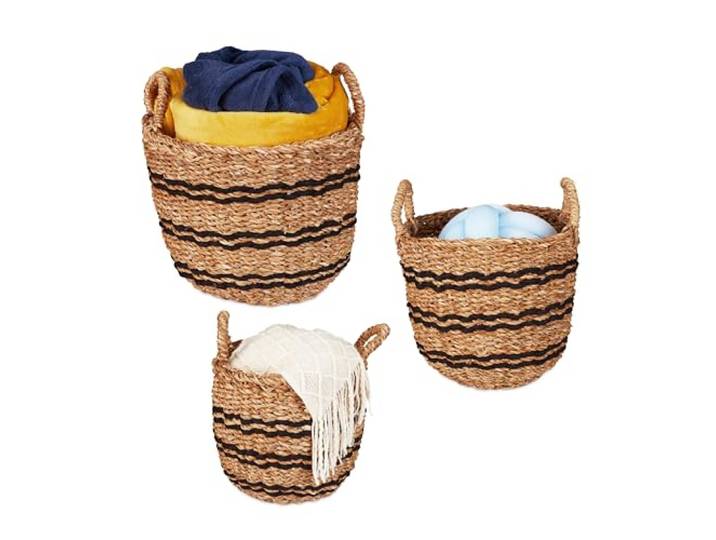 Relaxdays opbergmand zeegras, 3-delige set, gevlochten, met hengsel, badkamer, slaapkamer, woonkamer, natuur/zwart